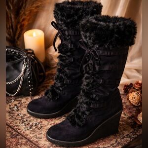Diba Y2K Black Suede Real Fur Lace-Up Tall Wedge Boots Side Zip 8